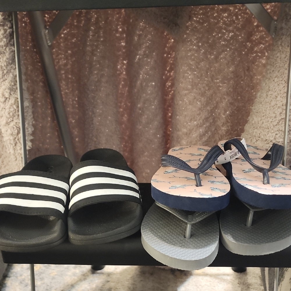 Summer BUNDLE! Black and White Striped Slides and Blue Flip Flops